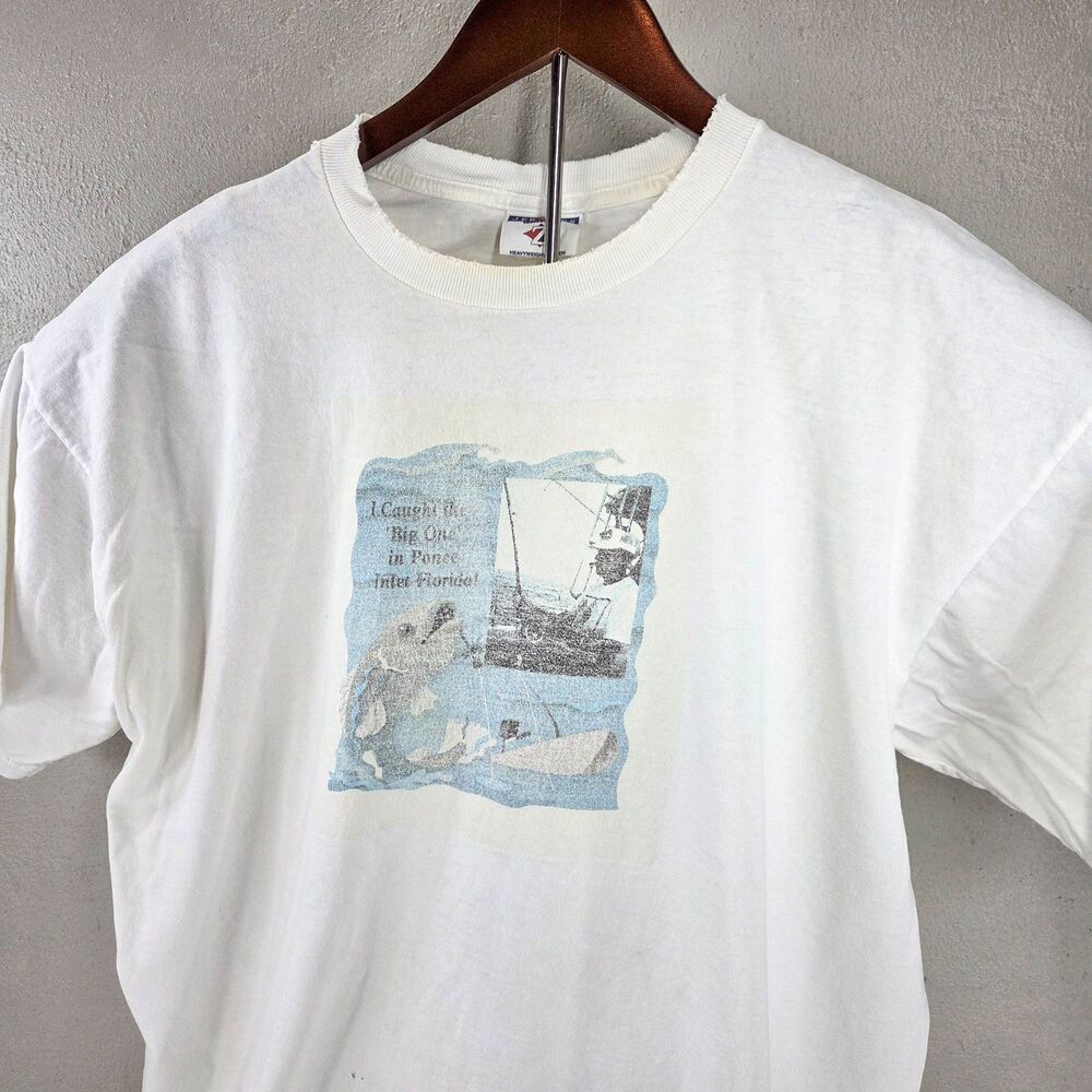 Vintage 90s Jerzees Ponce Inlet Florida Caught The Big One Fishing Tee Sz XL